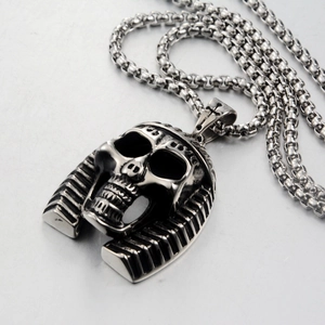 Gothic Pharaoh skull pendant in vintage silver stainless steel on a chunky box chain necklace