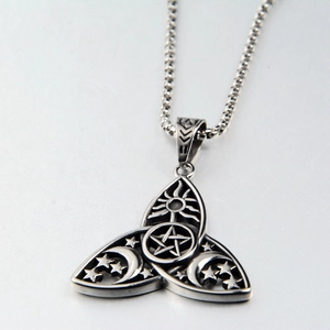 Retro stainless steel Trinity Knot necklace with pentagram and celestial symbols