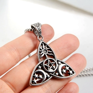 Vintage stainless steel Celtic Triquetra necklace with sun moon and pentagram pendant