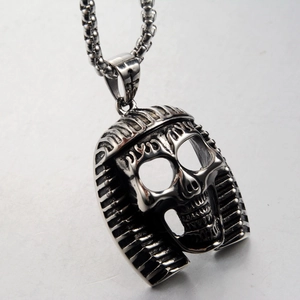 Detail shot of vintage skull pharaoh pendant in durable stainless steel with box chain