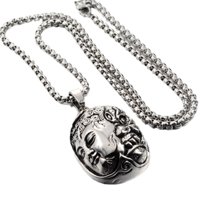 Polished stainless steel Buddha pendant necklace with vintage relief and pearl chain link