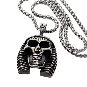 Silver skull pharaoh pendant necklace in stainless steel with thick square chain link
