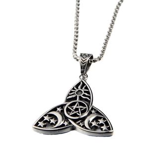 Vintage stainless steel Celtic knot pendant necklace with mystic sun and moon symbols