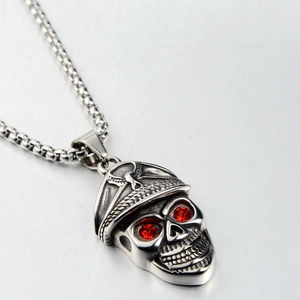 Punk Stainless Steel Military Cap Skull Pendant Necklace Vintage Gothic Red Rhinestone Eye Eagle Badge Jewelry For Men Women