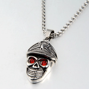 Punk skull pendant necklace with red rhinestone eyes and eagle military cap in retro finish