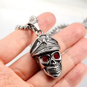 Silver skull pendant with officer hat and red gemstone eyes on a stainless steel chain