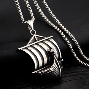 Retro vintage silver viking longship pendant necklace with detailed box chain design