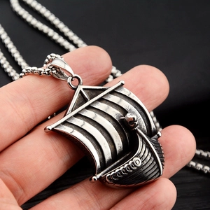 Vintage Viking sailboat pendant necklace in stainless steel with detailed relief