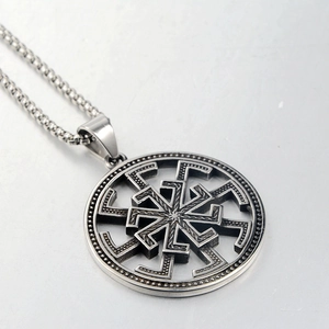 Retro stainless steel Slavonic Kolovrat sun wheel pendant necklace with vintage silver finish