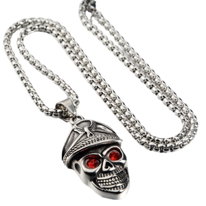 Gothic skull pendant necklace with military hat and red crystal eyes on steel box chain