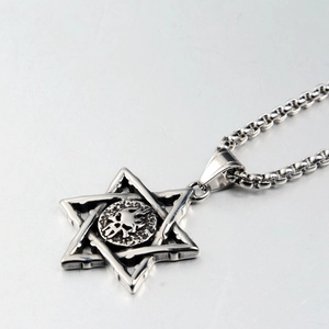 Silver hexagram skull pendant necklace in stainless steel with gothic flame design