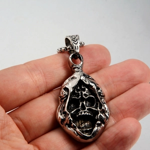 Gothic hooded grim reaper skull pendant necklace in vintage silver steel with cross detail
