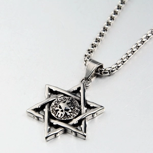 Detail shot of gothic star pendant with skull relief and polished metal finish