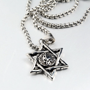Gothic punk hexagram star pendant necklace with skull center on steel box chain