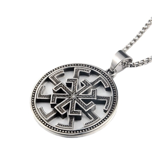Oxidized silver Slavic Kolovrat sun wheel pendant necklace with stainless steel bead chain