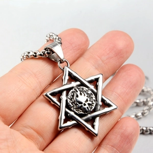 Men's hexagram skull pendant necklace in punk stainless steel with durable box chain