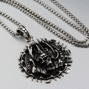 Gothic punk skull pendant necklace with vintage finish and stainless steel box chain