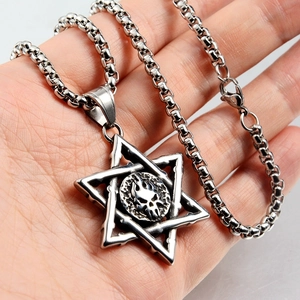 Detailed close-up of hexagram pendant with skull relief in antique silver finish