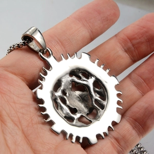 Large punk style silver metal ghost hand skull pendant on thick square chain necklace