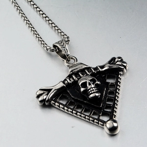 Gothic skull pendant necklace in silver stainless steel with geometric hollow triangle frame