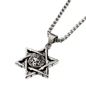 Gothic hexagram skull pendant necklace in retro silver stainless steel with box chain