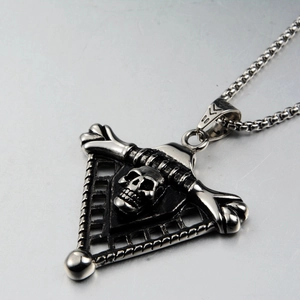 Retro punk skeleton skull triangle frame pendant necklace with stainless steel ball chain