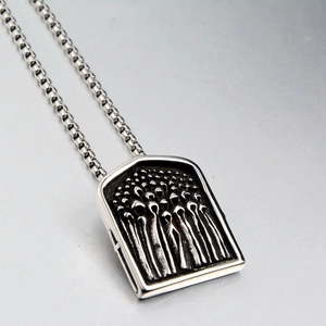 Gothic shield pendant necklace with vintage reaper relief in durable stainless steel