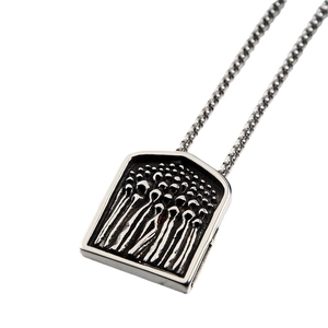 Retro reaper shield pendant necklace in oxidized titanium steel with a square box chain