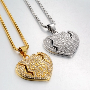 Collier Pendentif Cœur Brisé Signe Dollar Hip Hop Acier Inoxydable Strass Unisexe Punk Street Bijoux Cadeau