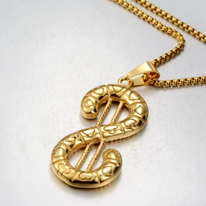 Hip hop gold dollar sign necklace with heart embossed pendant and luxury box chain
