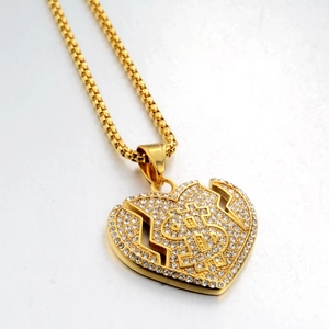 Collier hip hop doré avec pendentif coeur, signe dollar et cristaux scintillants