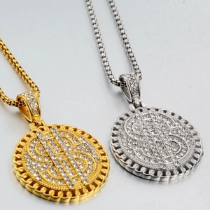 Edelstahl Hip Hop Dollarzeichen Anhänger Halskette Mit Strass Rundes Medaillon Box-Kette Für Herren Damen Schmuck