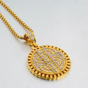 Hip-Hop-Halskette mit goldener Dollarzeichen-Plakette und glänzenden Kristallen