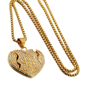 Collier pendentif cœur doré avec signe dollar et cristaux brillants sur chaîne box