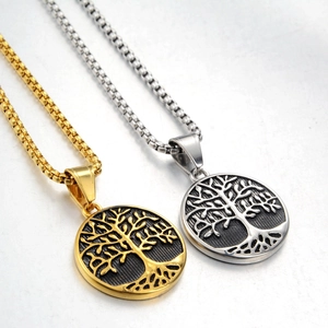 Tree of Life pendant necklaces in gold and silver steel with sturdy box chains