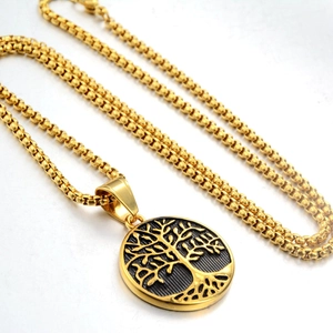 Golden tree of life pendant necklace with black background and durable box chain