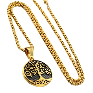 Golden Tree of Life pendant necklace with box chain for men in stainless steel