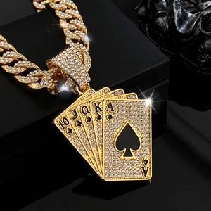 Hip Hop Iced Out Spades Royal Flush Poker Card Pendant With Cuban Chain Zinc Alloy Rhinestone Necklace Men Jewelry Accessory
