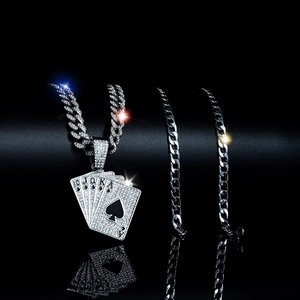 Mens iced out hip hop cuban chain with sparkling royal flush poker cards pendant