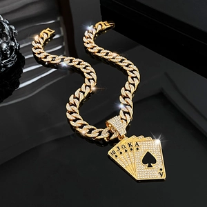 Gold iced out hip hop necklace with royal flush spade playing cards pendant on cuban chain