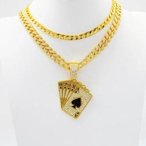 Men's hip-hop gold plated iced-out Cuban chain with poker royal flush card pendant