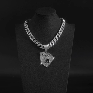 Hip hop silver cuban chain with iced-out ace of spades poker cards pendant for men