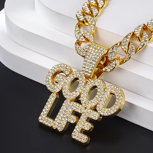 Κολιέ με Μενταγιόν Γράμμα Good Life Hip Hop Στρας Iced Out Αλυσίδα Cuban Link από Κράμα Ψευδαργύρου Επιχρυσωμένο Ασημί Κοσμήματα για Άνδρες Γυναίκες