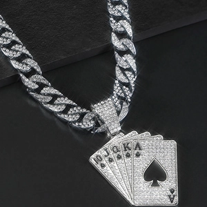 Iced out hip hop cuban link chain with silver spade royal flush poker card pendant