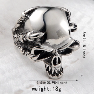 Macro detail of gothic skull ring in polished silver steel showing 3cm height dimensions