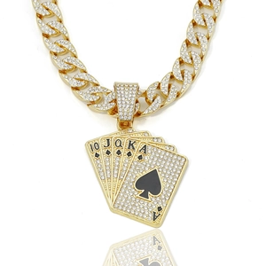 Hip hop gold plated Cuban link necklace with iced out poker cards royal flush spade pendant