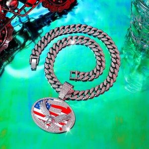 Collana hip hop Cuban link con ciondolo aquila e bandiera americana da uomo