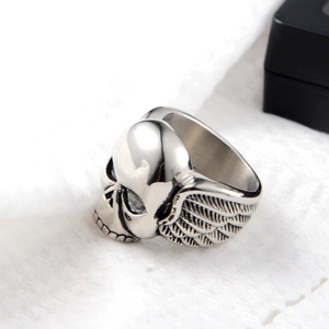 Gothic punk style silver wing skull ring made of durable stainless steel material