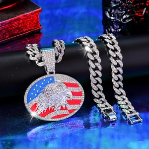Hip hop iced out Cuban chain with American flag eagle pendant featuring high luster crystals