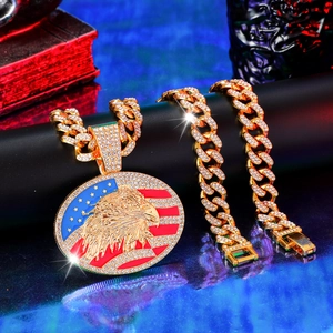 Hip hop gold Cuban chain with iced out eagle and American flag pendant for men